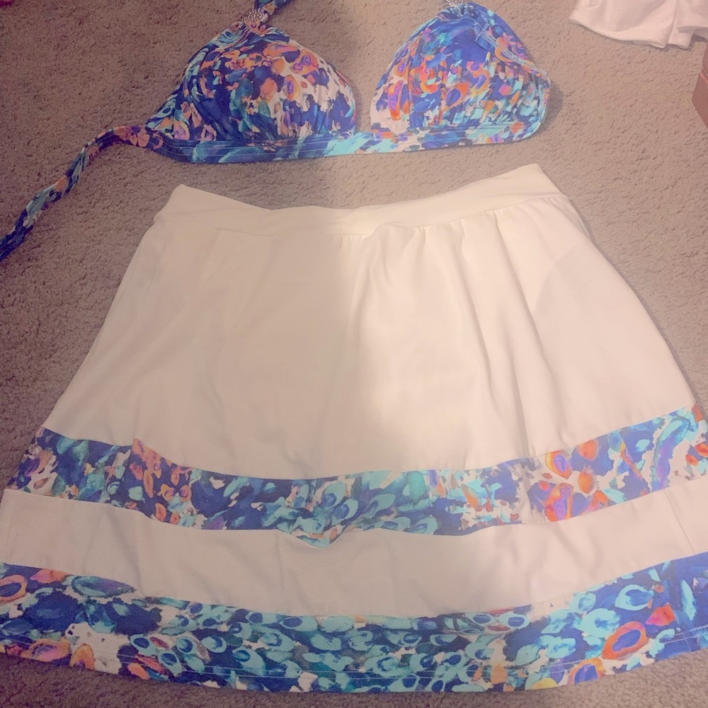 Colorful Bikini Top and White swim Skirt Set by Venus